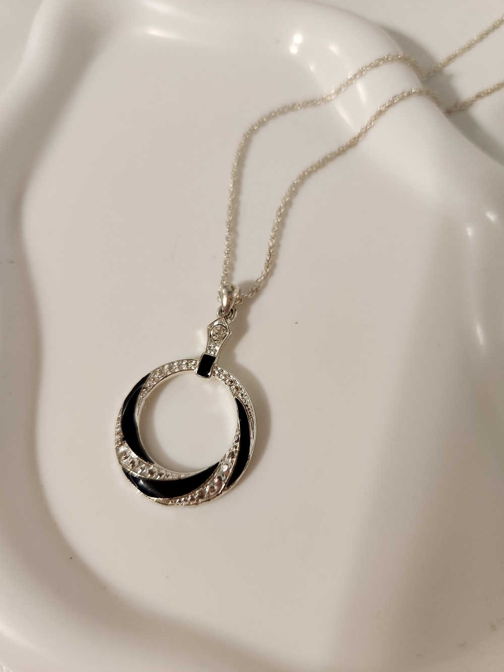 Silver and Black Enamel Circle Pendant Necklace With Rhinestones